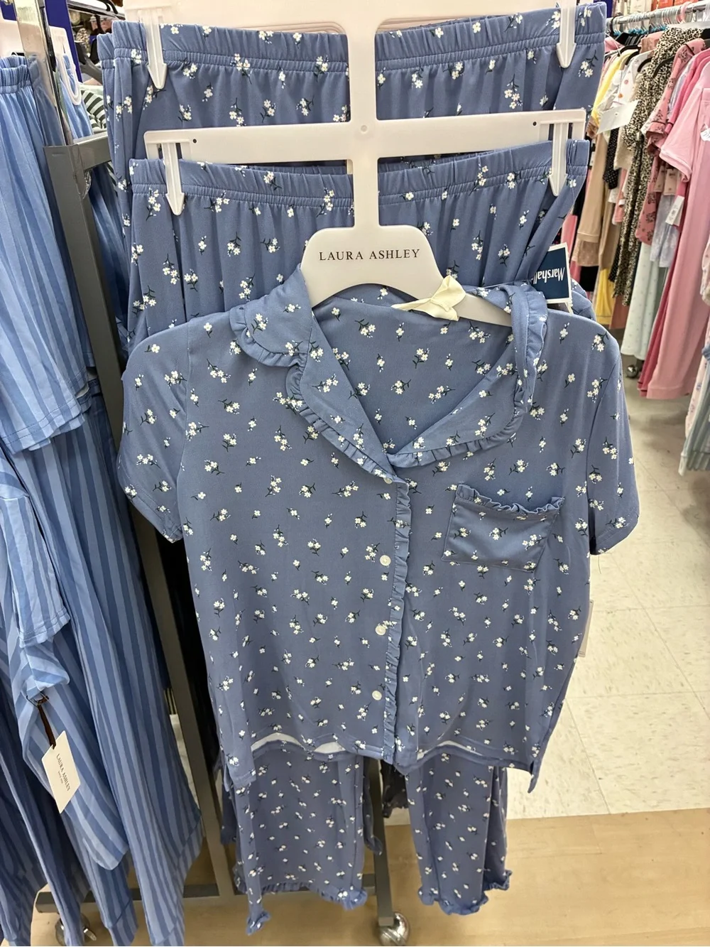 Laura Ashley Dusty Blue Floral Ruffle-Trim Pajama Set Sizes small,medium,large
